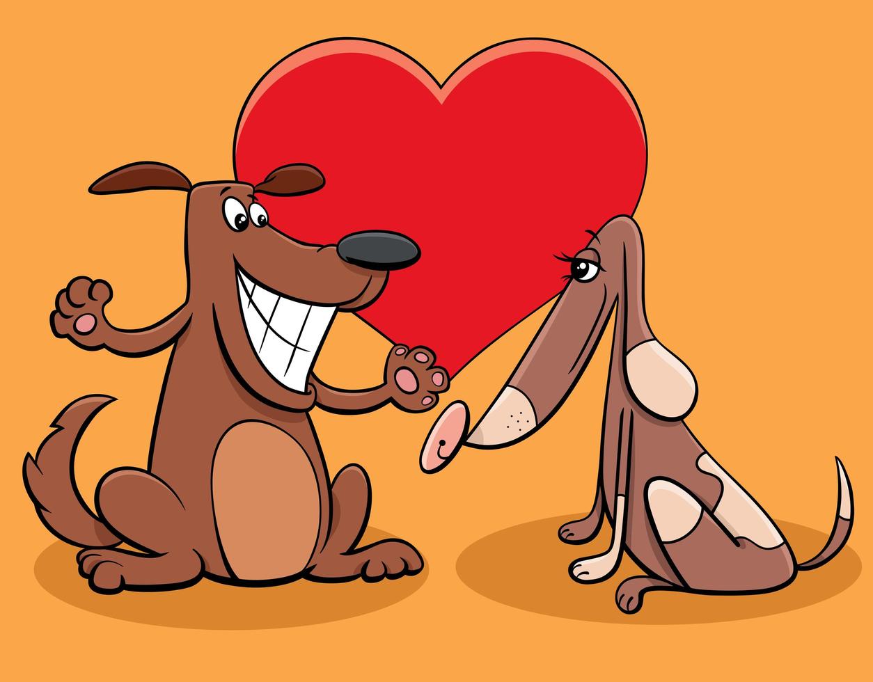 Tarjeta de San Valentín con personajes de pareja de perros enamorados vector