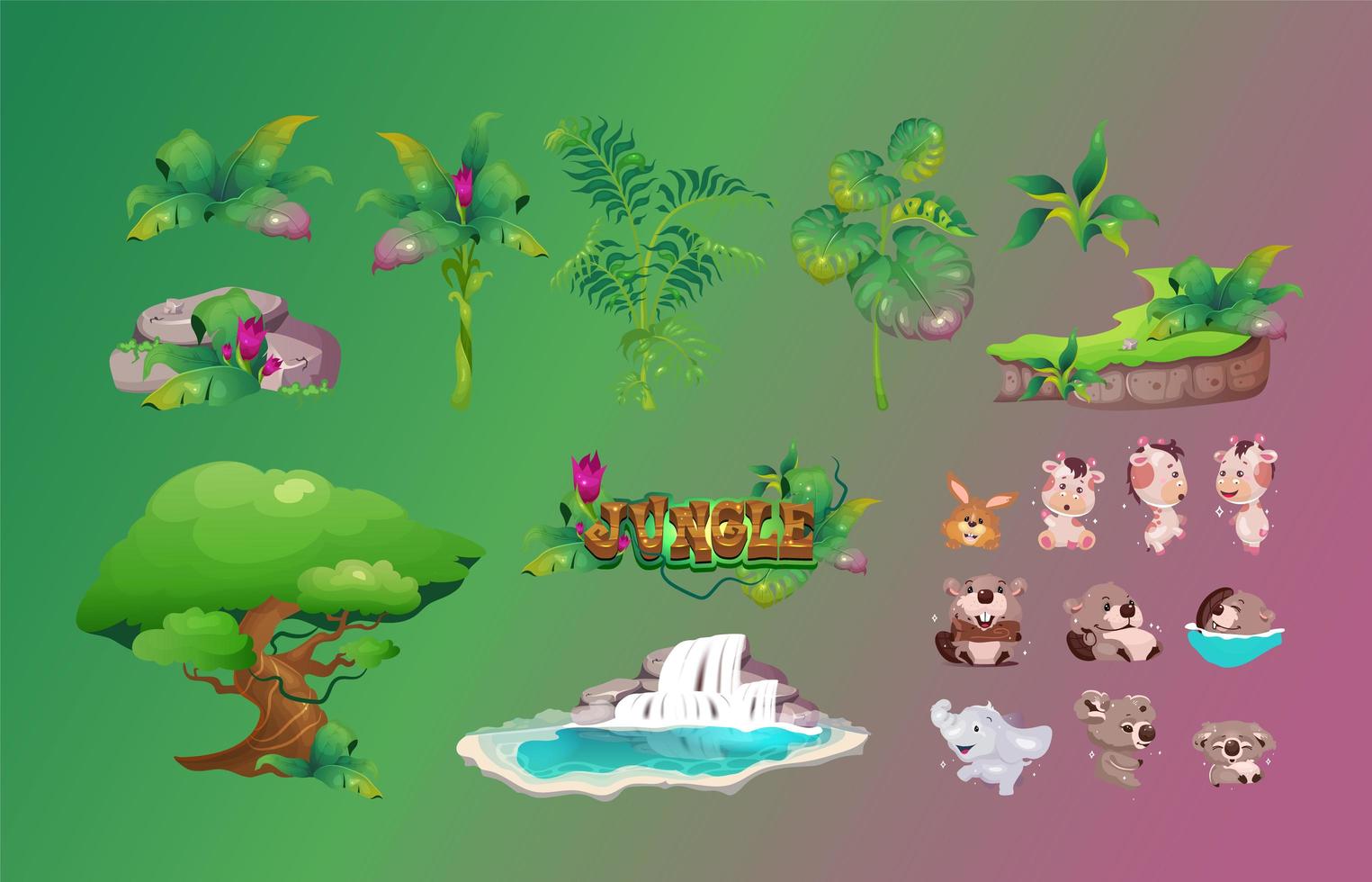 Jungle flora and fauna objects set vector