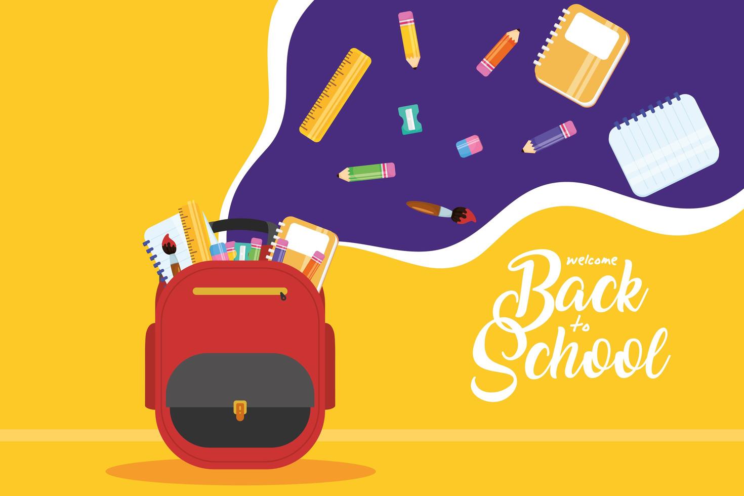 cartel de regreso a la escuela con mochila y útiles vector