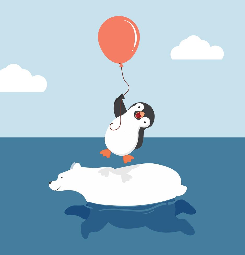 Cute polar bear swimming with penguin  holding balloon vector