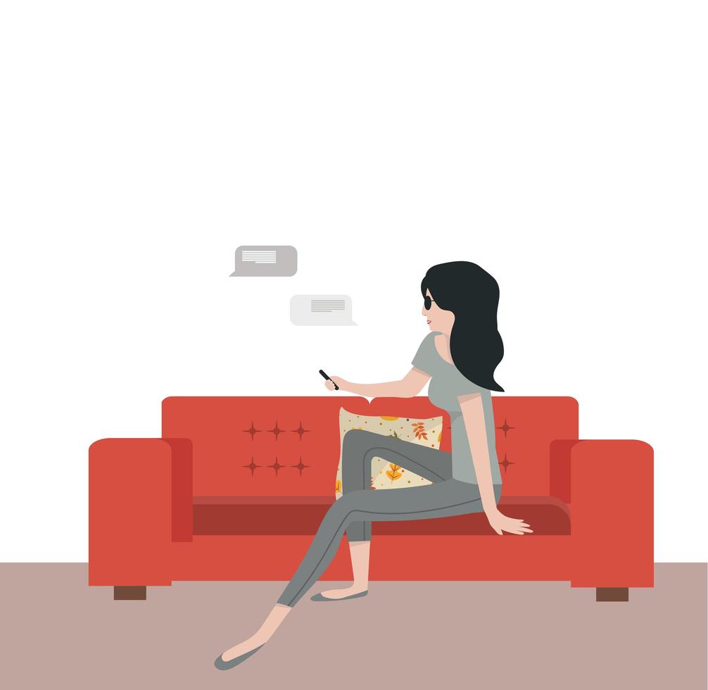 mujer sentada en el sofá con mensajería vector
