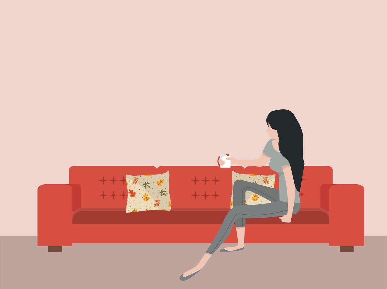 mujer sentada en el sofá con taza de café vector