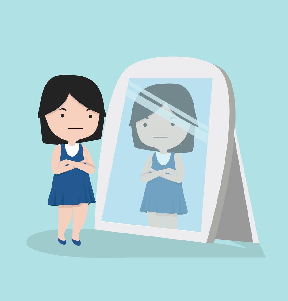 Small girl looking  standing in front of the mirror vector