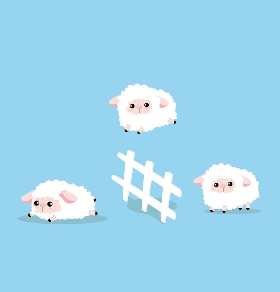 Cute sheeps jumping with the fence vector