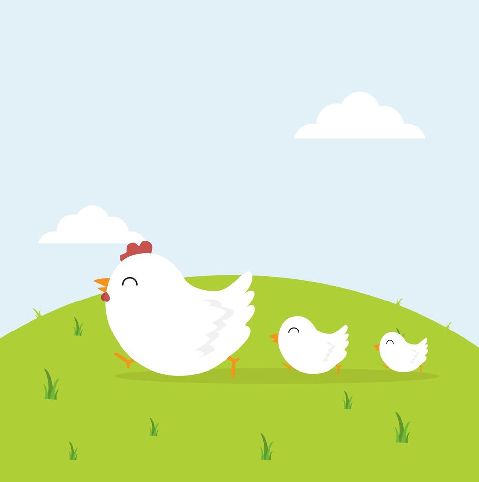 happy chicken family in field vector