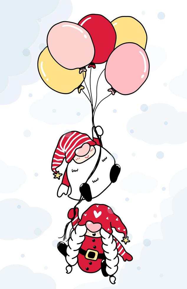 linda caricatura con dos gnomos navideños con globos vector