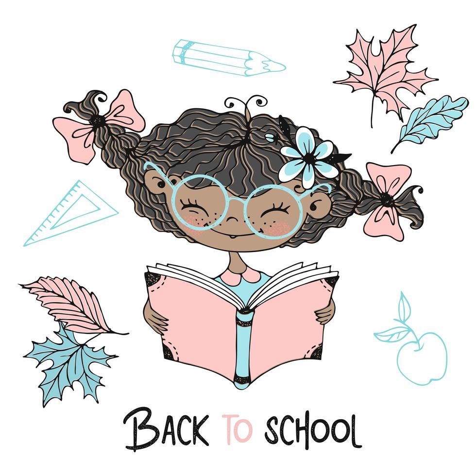 Cute dark-skinned girl with pigtails reading a book. vector