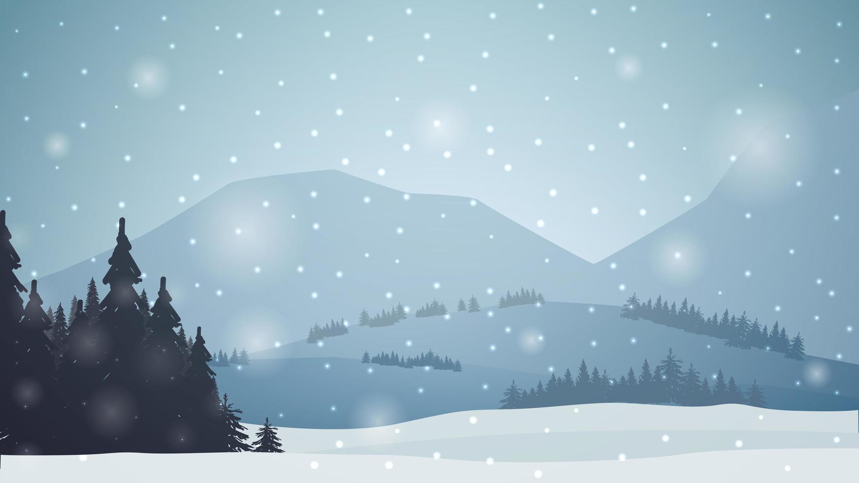 Winter landscape with mountains, pines, forest, snow falling. vector