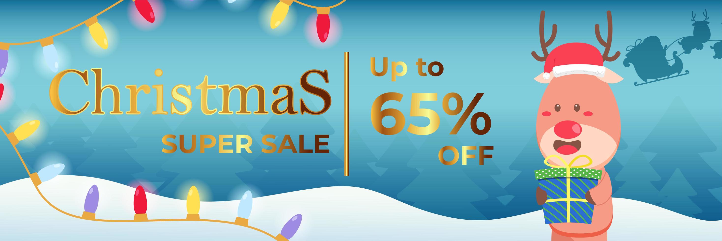 banner navideño super venta hasta 65 por ciento con renos vector