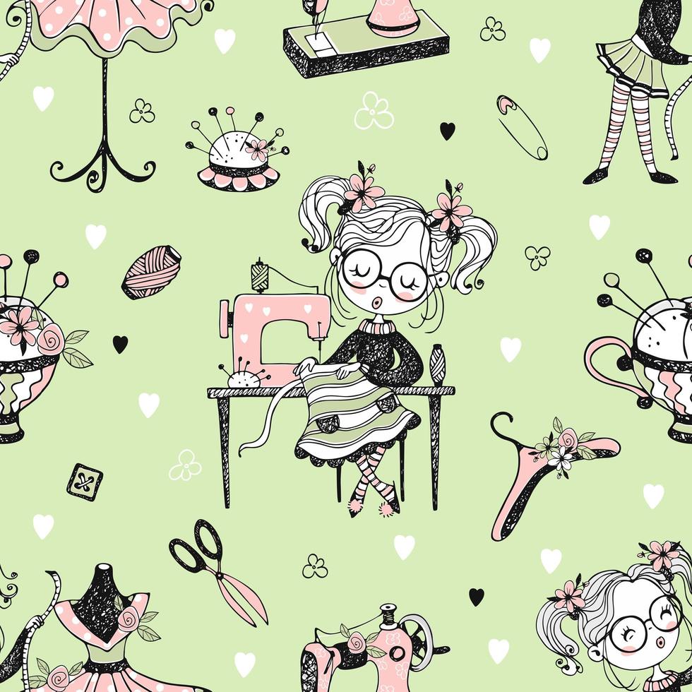 Seamless pattern with cute little dressmaker vector