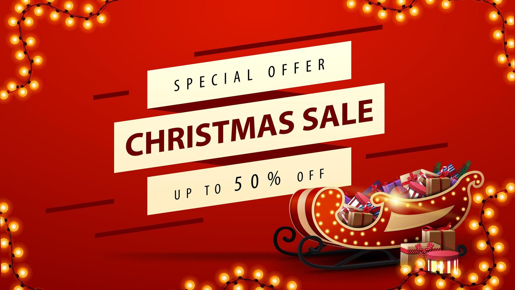 Red discount banner with Santa Sleigh with presents vector