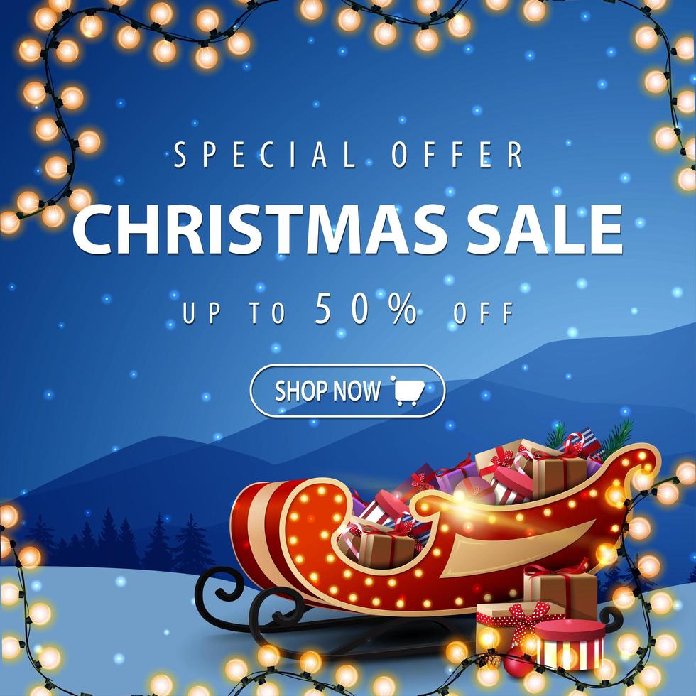 Discount banner with garland and Santa Sleigh vector