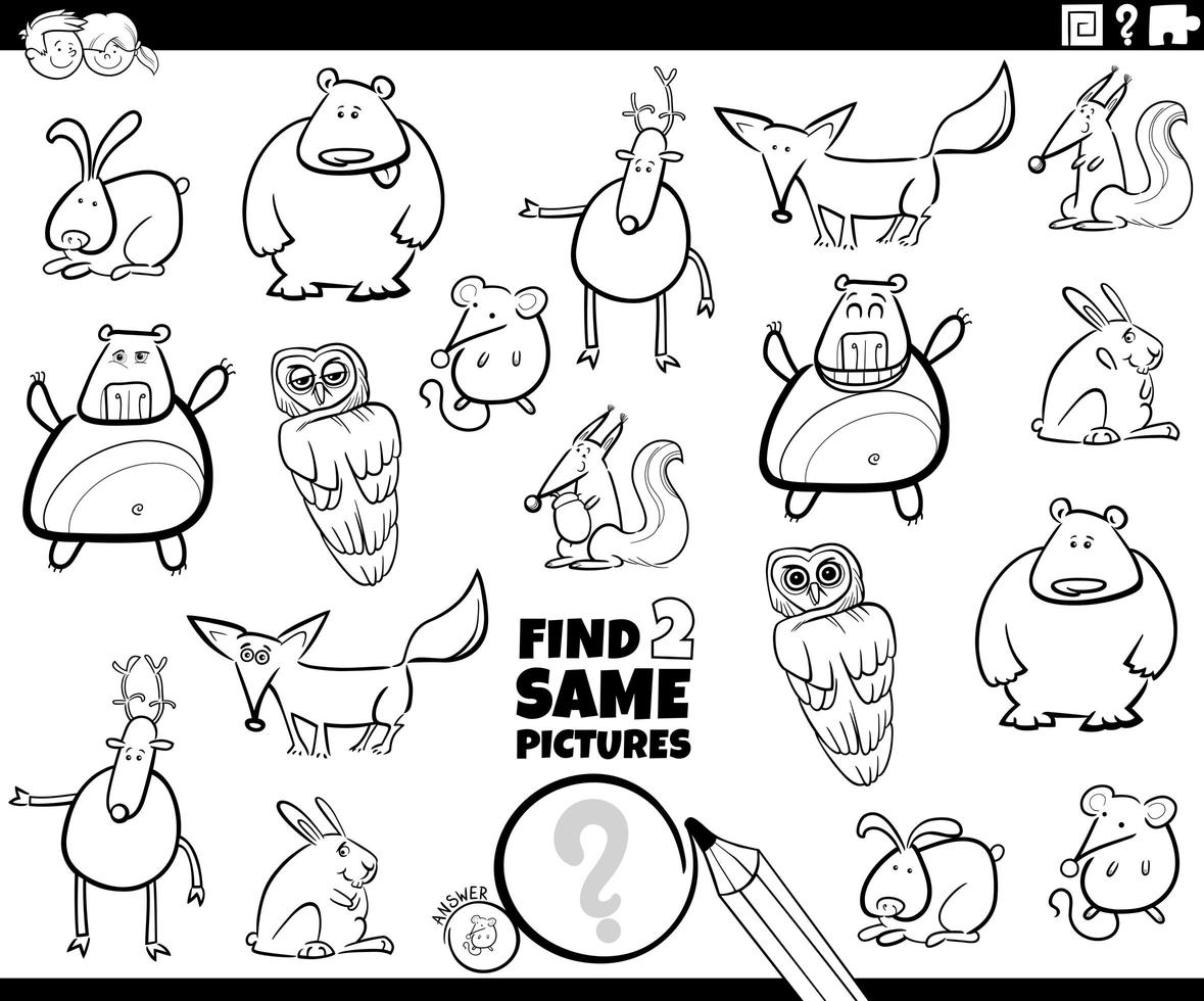 Find two same animal characters game color book vector