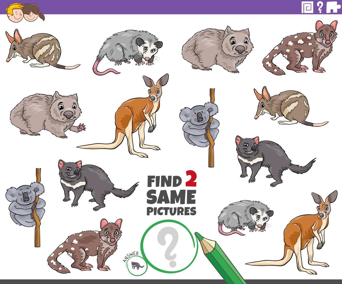 Find two same animal characters task for children vector