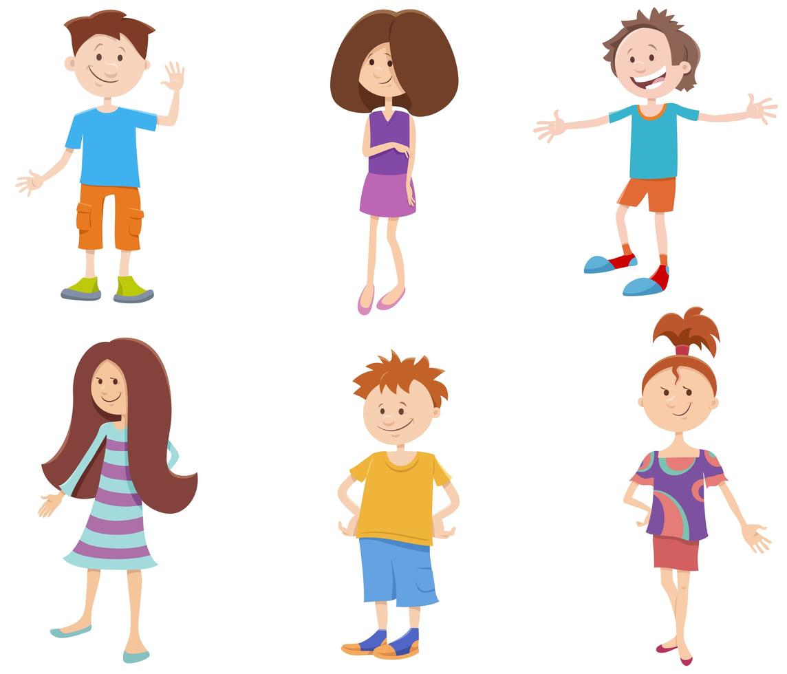 Cartoon happy kids ant teens characters set vector