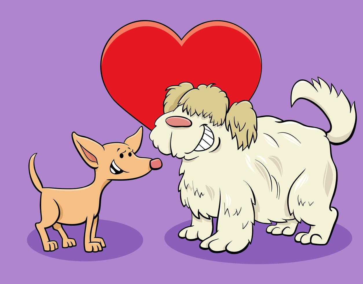 Tarjeta de San Valentín con divertidos personajes de perros enamorados vector