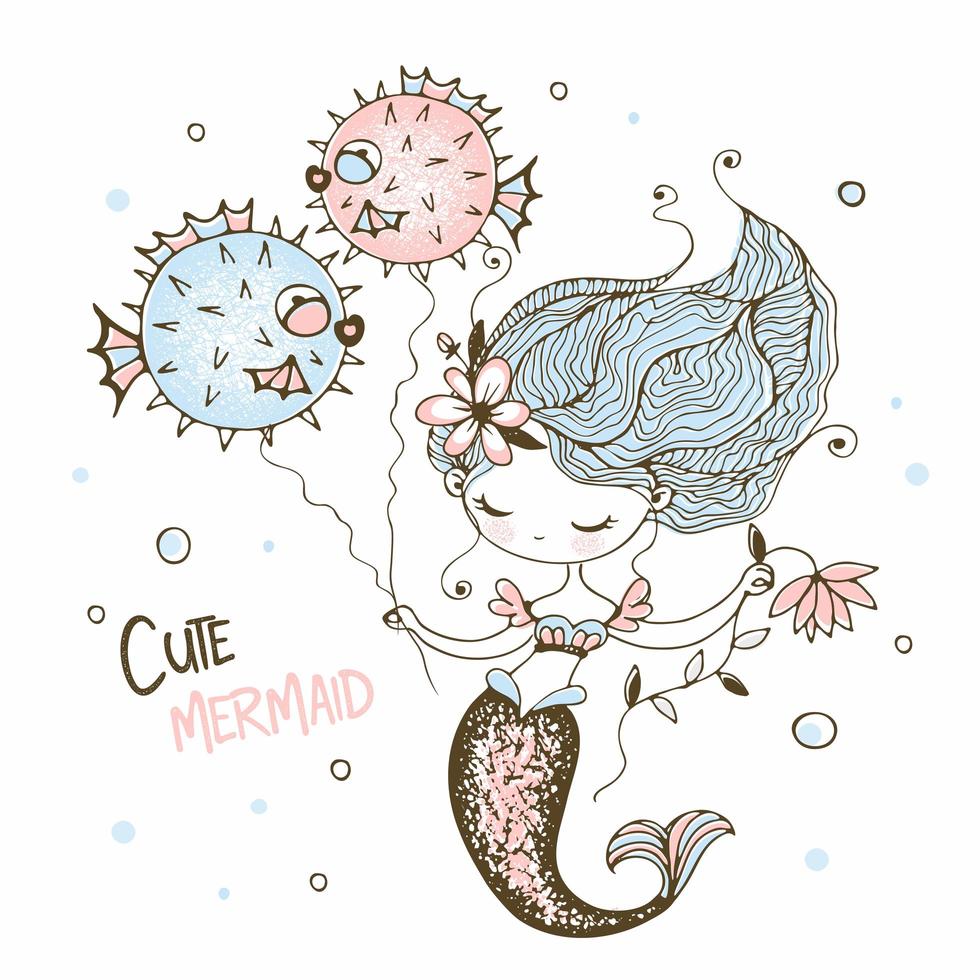 Cute little mermaid with funny fish-hedgehogs. vector