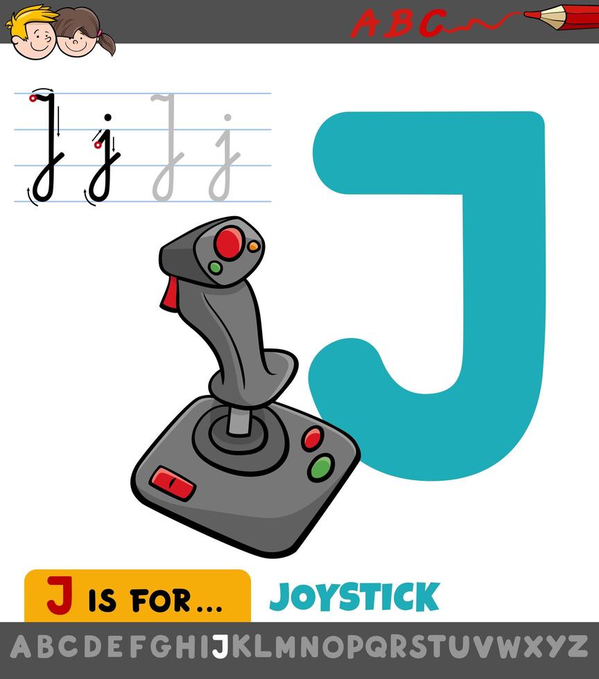 hoja de trabajo de la letra j con joystick de dibujos animados vector