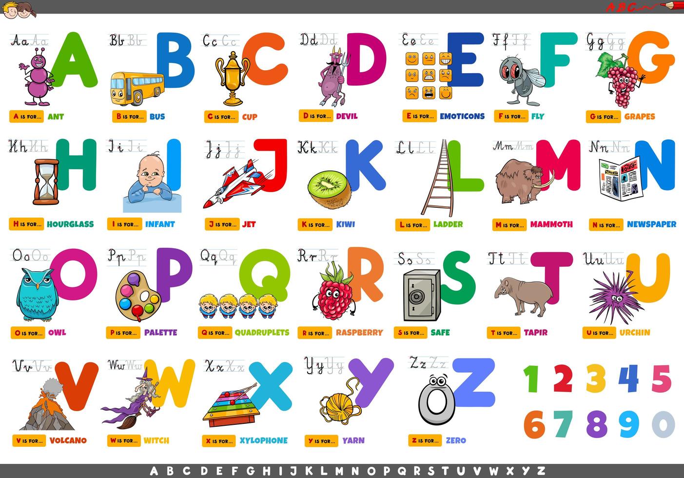 Alphabet with Cartoon Characters and Objects set vector