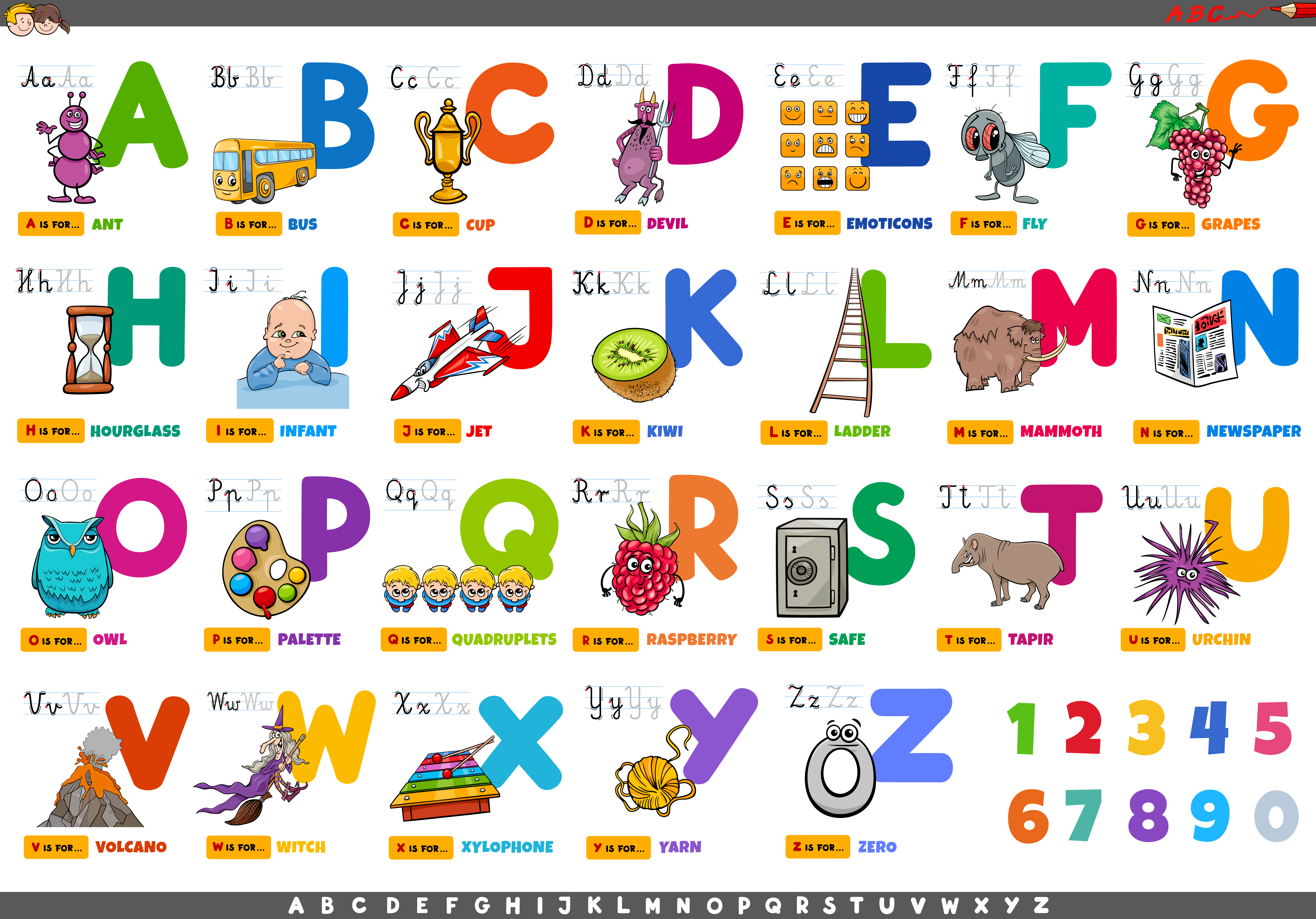 Alphabet with Cartoon Characters and Objects set 1635058 Vector Art at  Vecteezy
