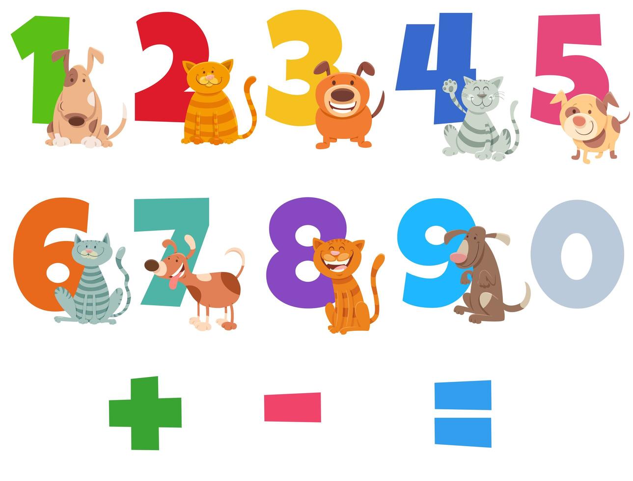 Numbers set with happy cats and dogs vector