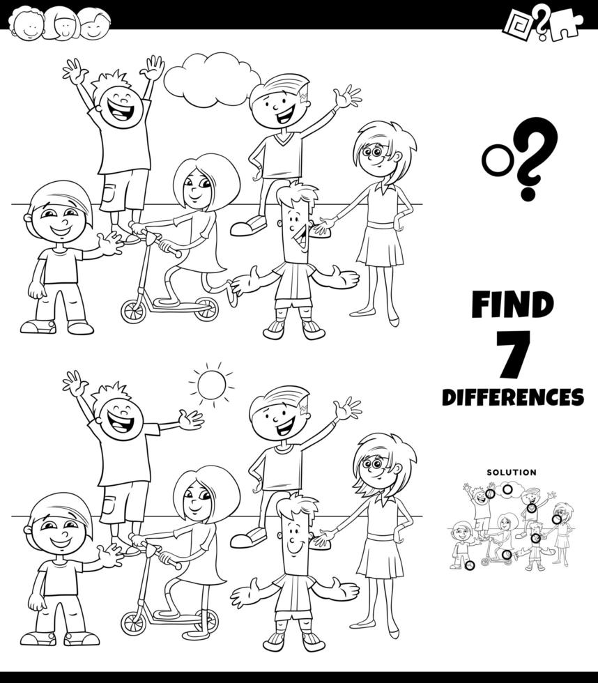 Diferencias para colorear juego con grupo de niños vector