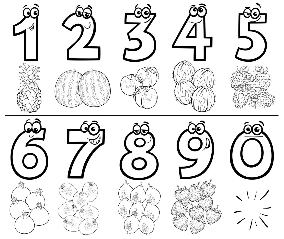 Cartoon numbers set coloring book page with fruits vector