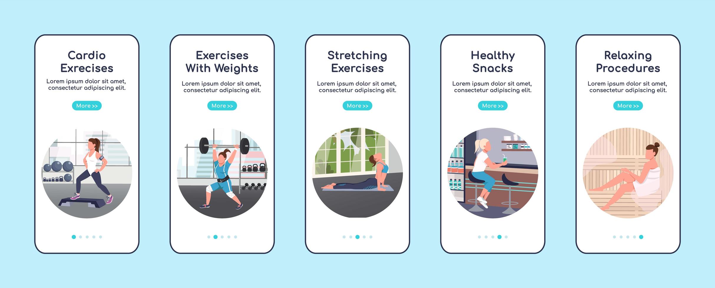 Gym workout onboarding mobile app screens vector