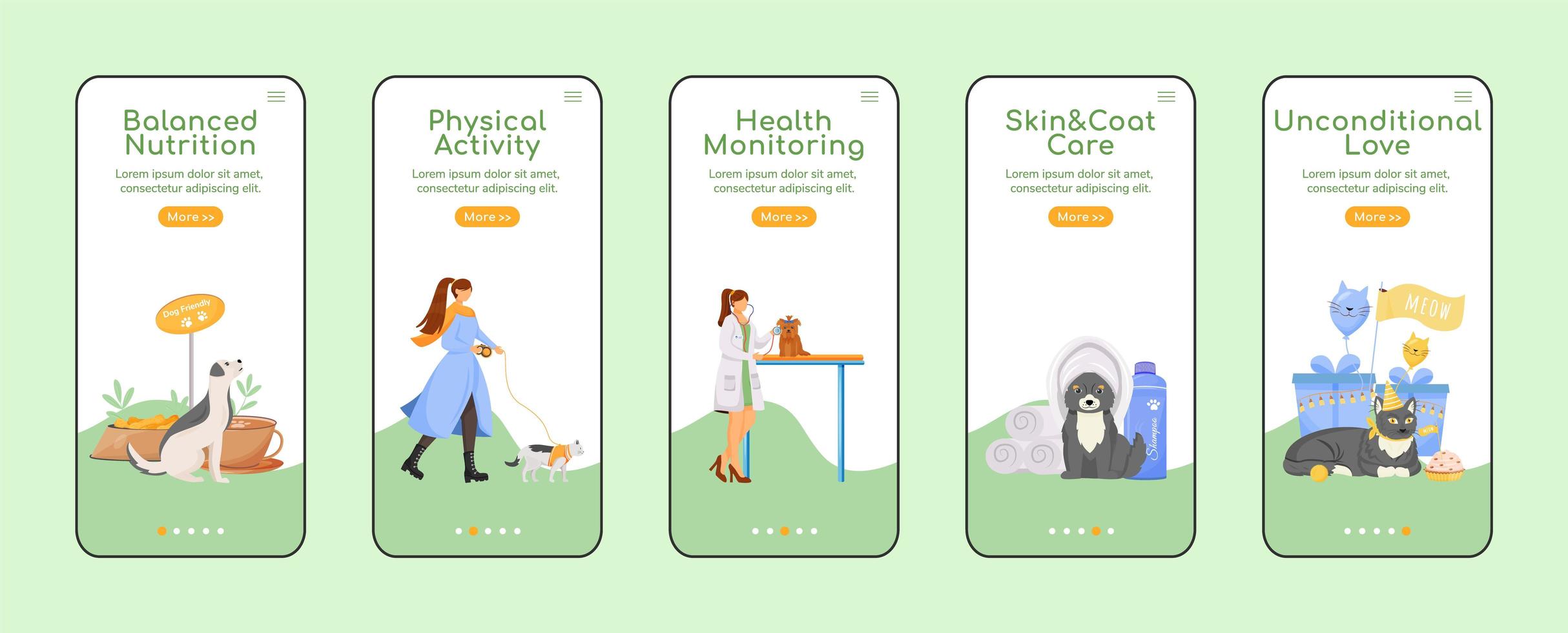 Pet care onboarding mobile app screens vector