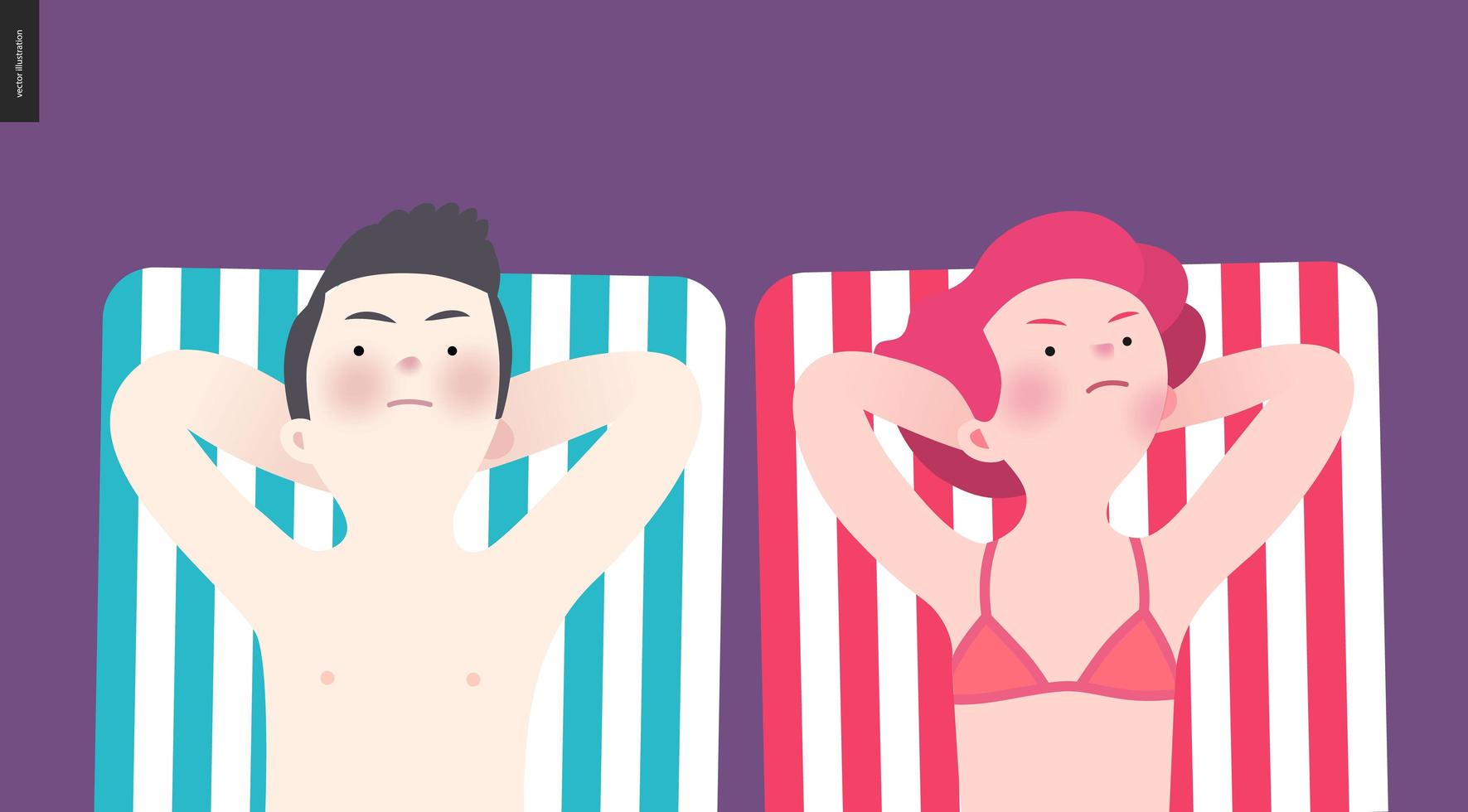 Unhappy couple sunbathing on the beach vector