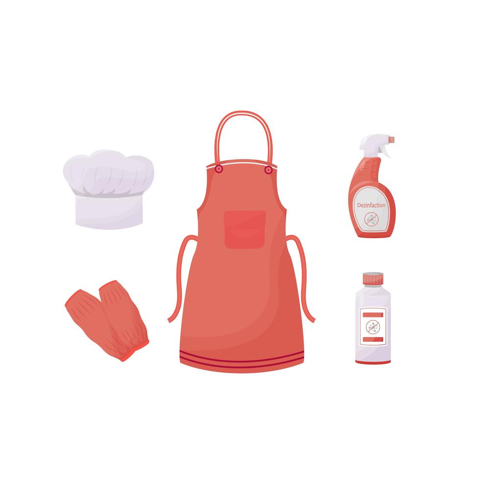 Cook uniform items and sanitizers set vector