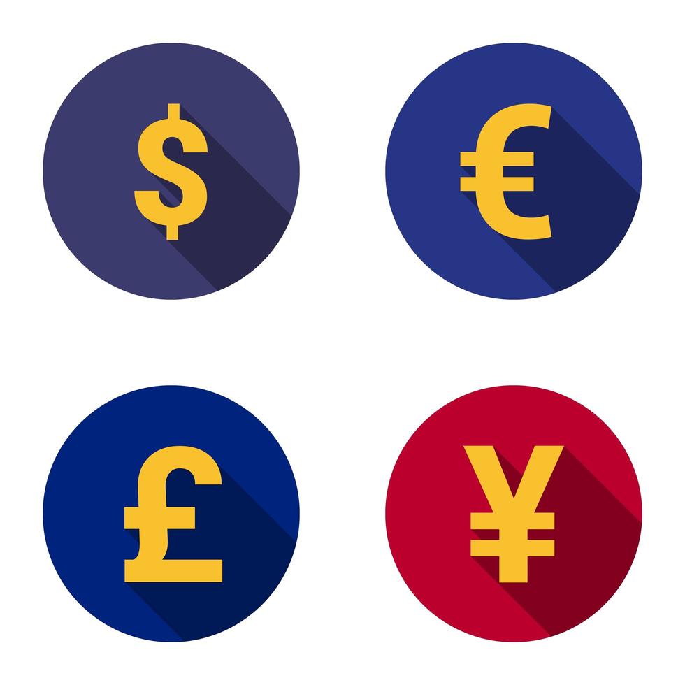 conjunto de 4 iconos planos: dólar, euro, libra, yen vector