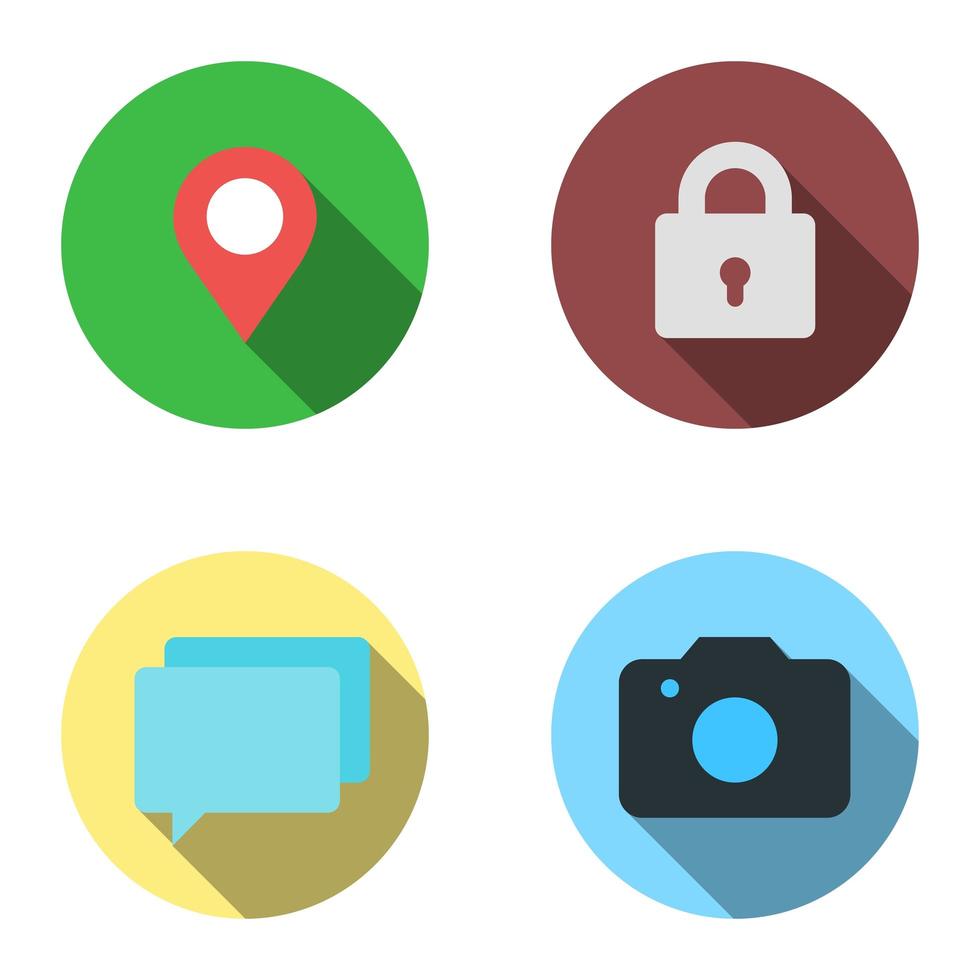 conjunto de 4 iconos planos: ubicación, candado, información sobre herramientas, foto vector