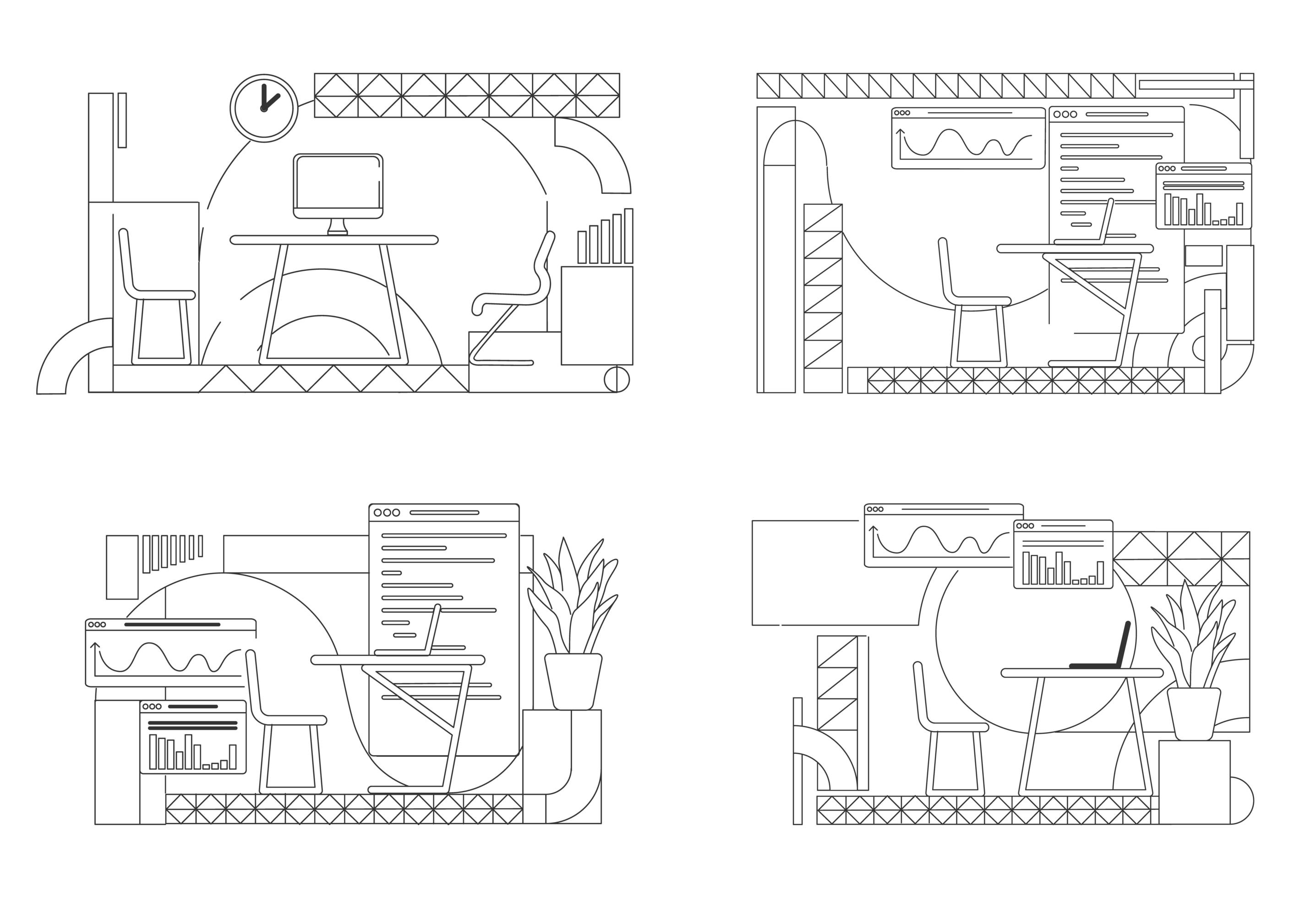 Office interior designs outline set 1635191 Vector Art at Vecteezy