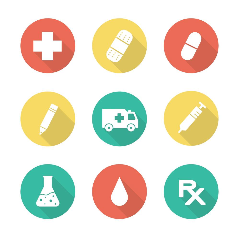 Medical flat design long shadow icons set. vector