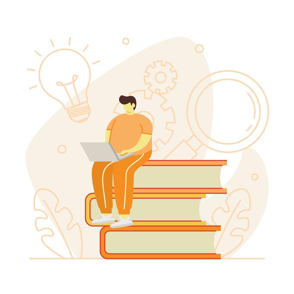 Man Sitting On Big Book With Laptop vector