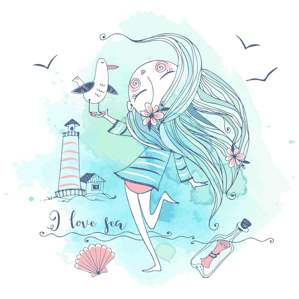 Cute girl on the seashore with a gull bird. vector