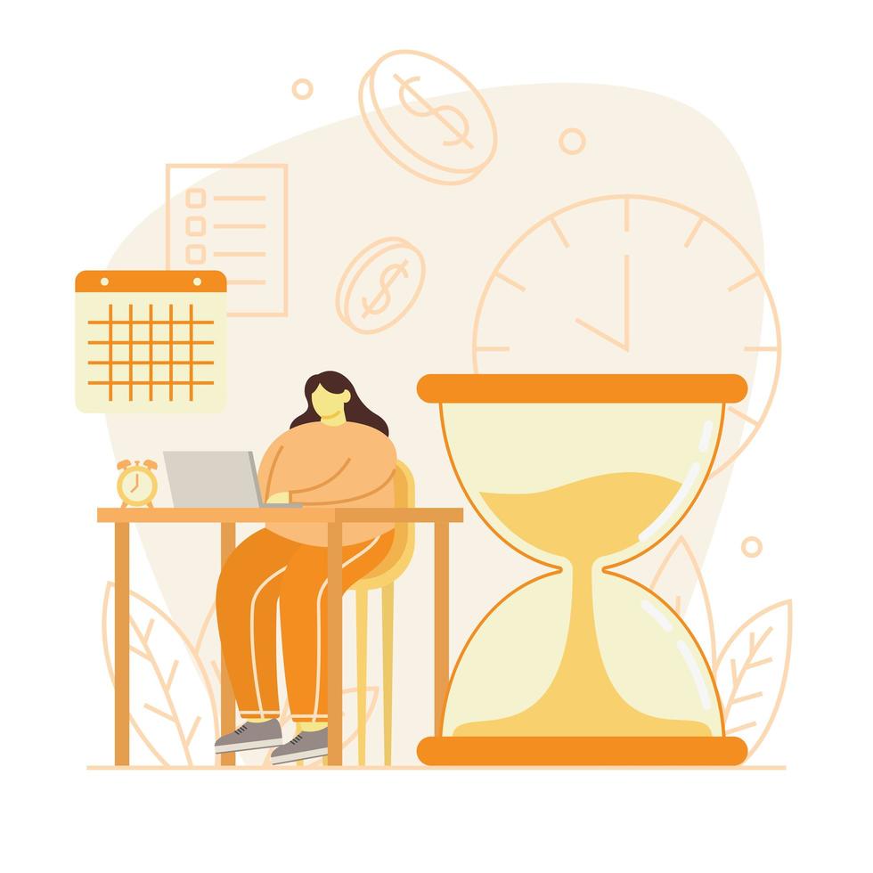 Women Working On Laptop With Big Hourglass and Clock vector