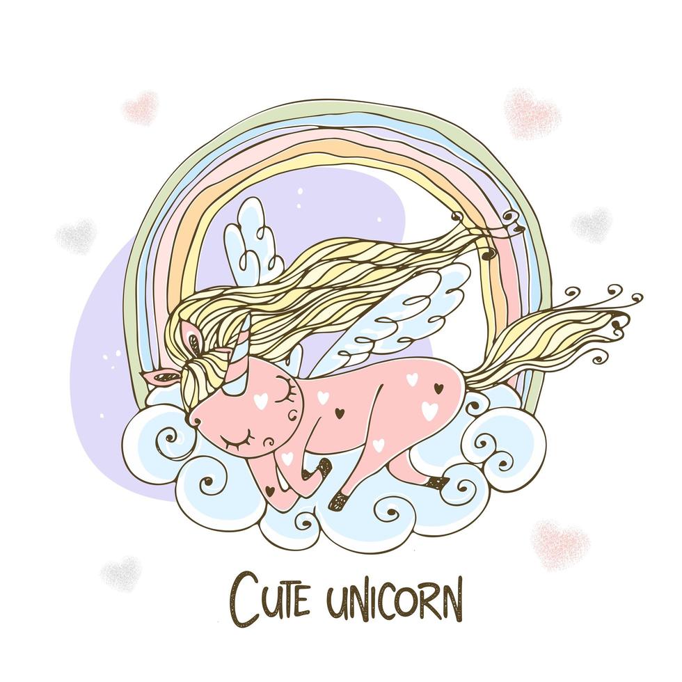 lindo unicornio con alas duerme en una nube vector