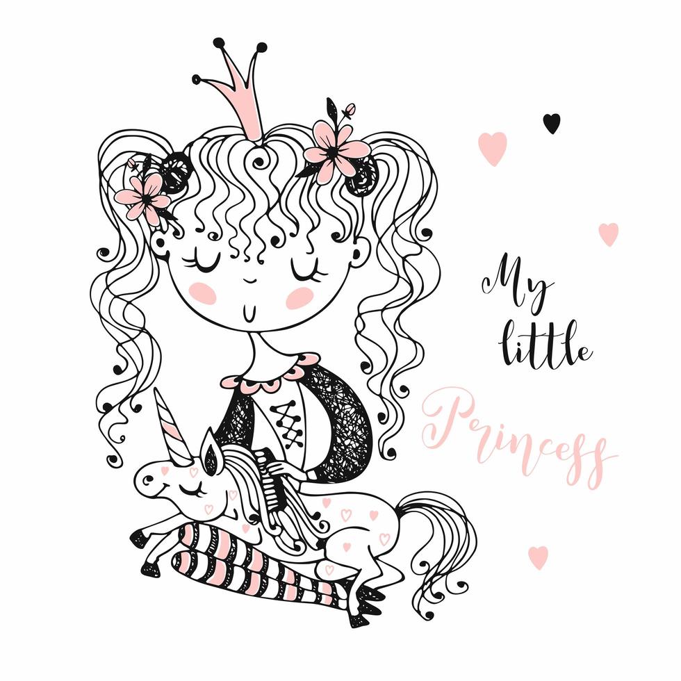 Cute little Princess with a unicorn. vector