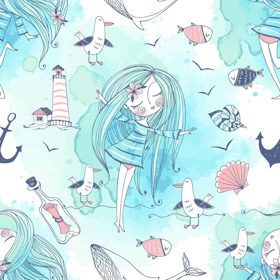 Sea theme with a girl, whales and seagulls vector