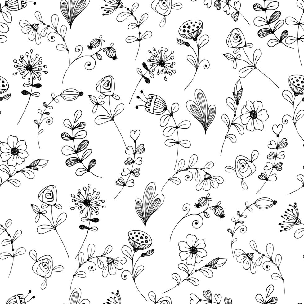 Doodle flower pattern black and white. vector