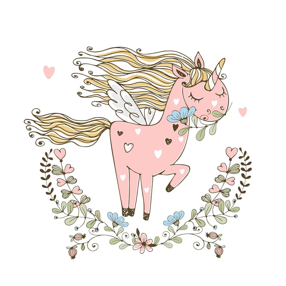 lindo unicornio rosa con alas vector