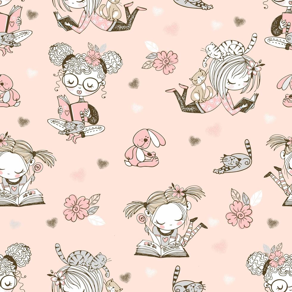 Seamless pattern with cute reading girls. vector