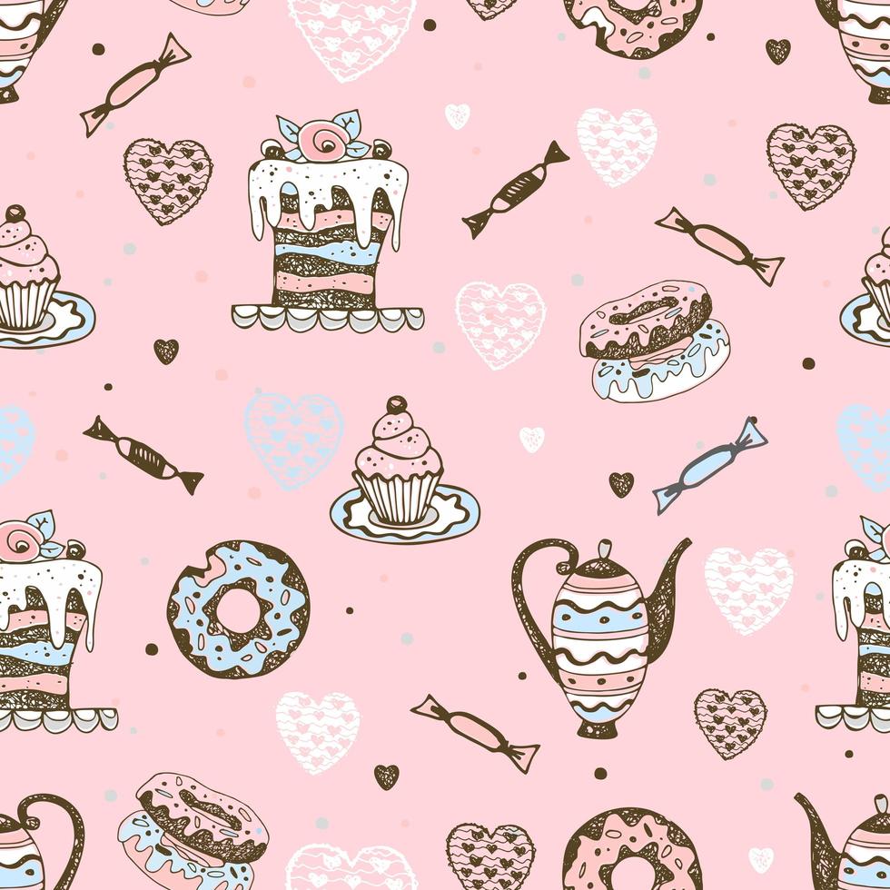 Seamless pattern with sweets, cakes and pastries. vector