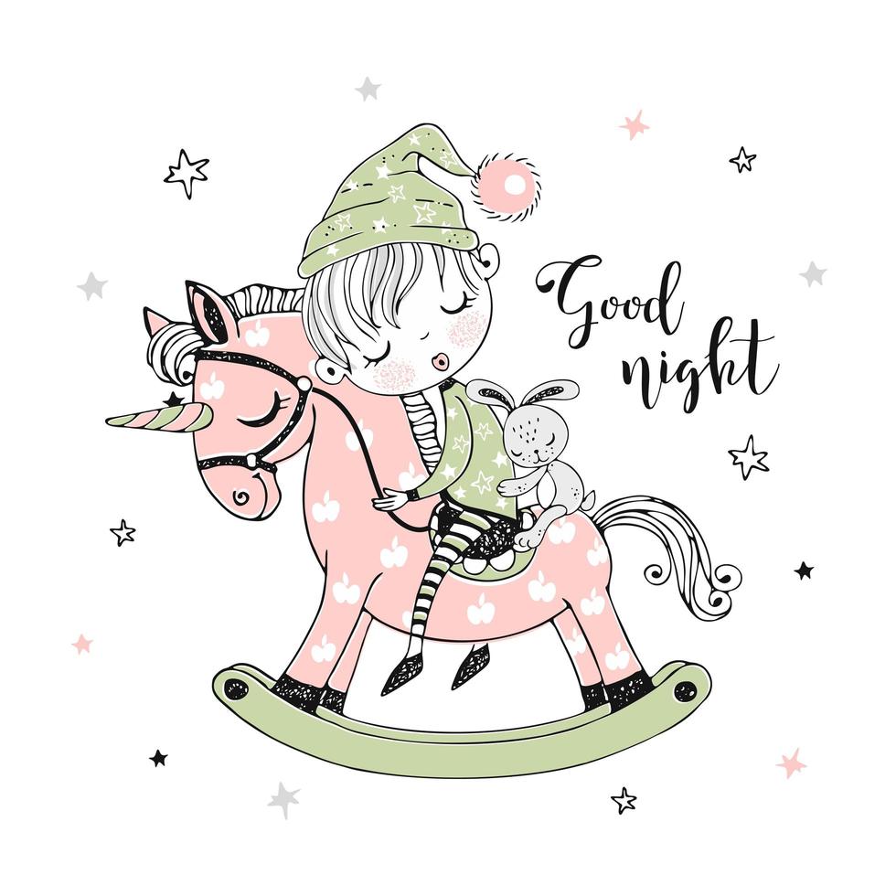 Little boy is sleeping sweetly on a toy horse. vector