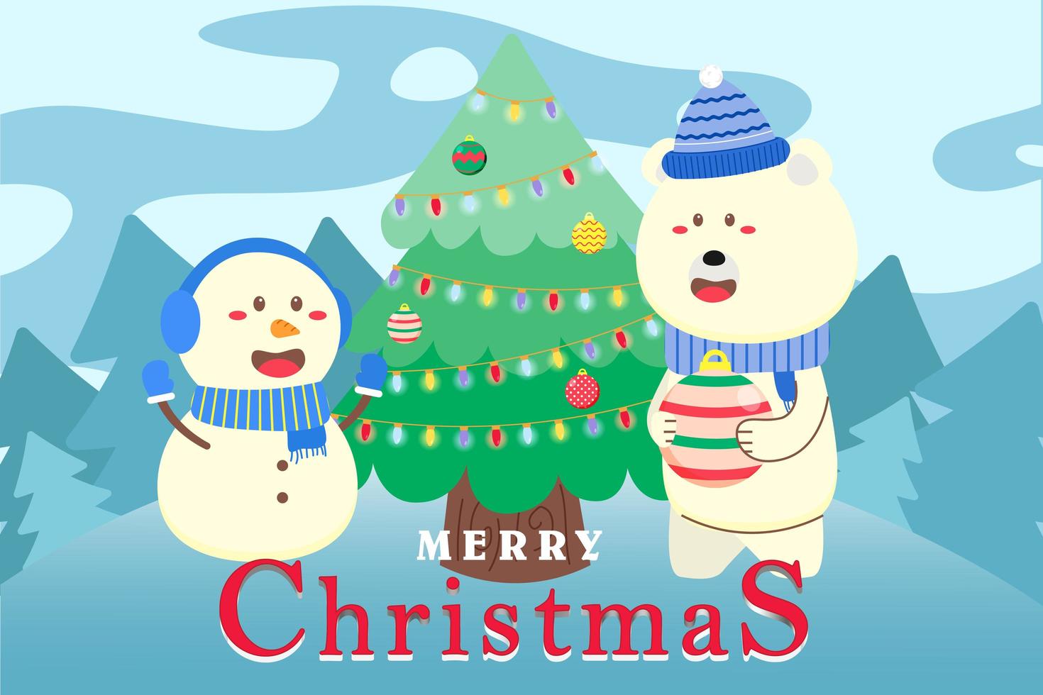 Merry Christmas Background with polar bear and snowman vector