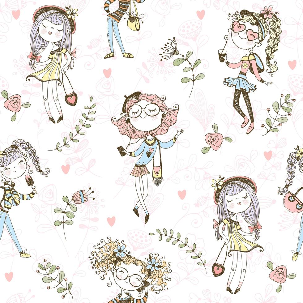 Seamless pattern with cute trendy teen girls . vector
