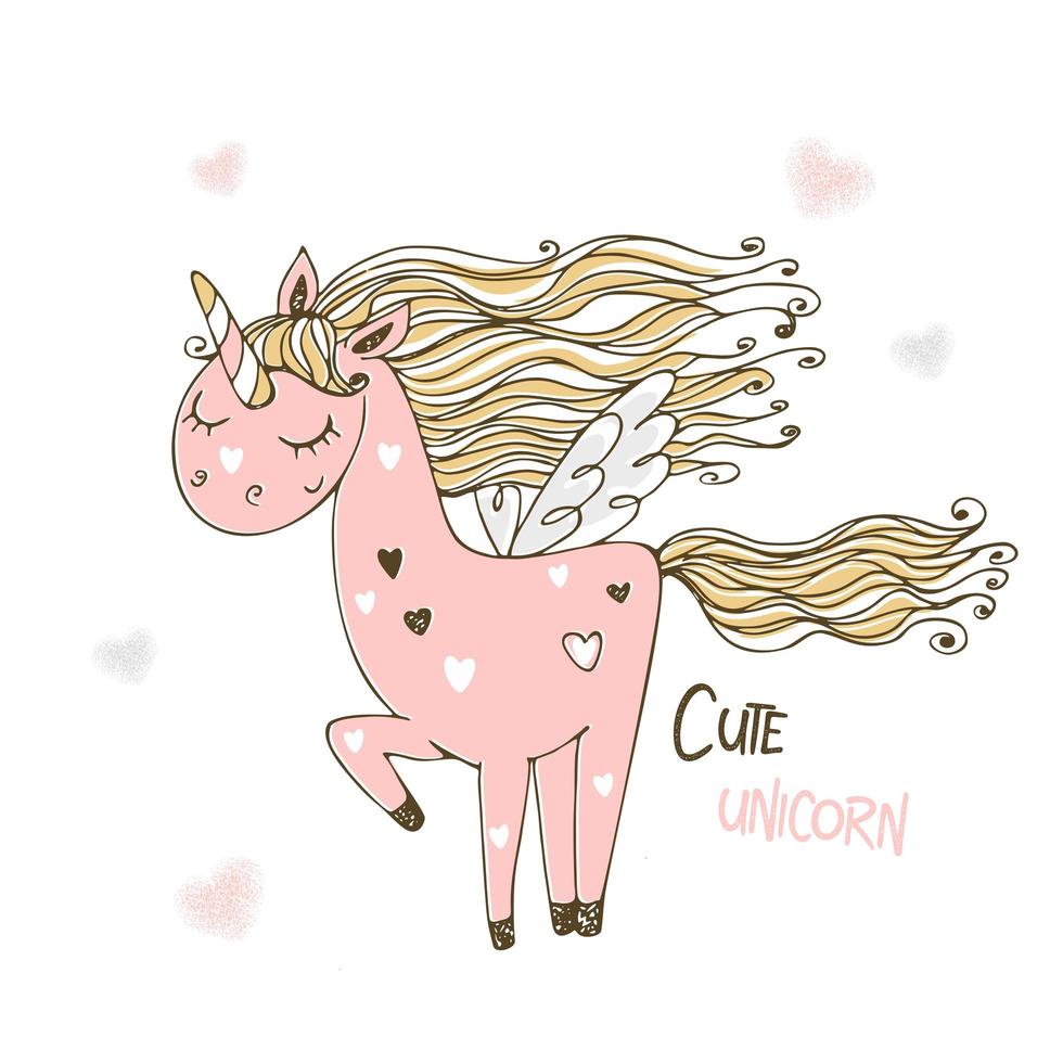 Cute pink unicorn with wings. vector