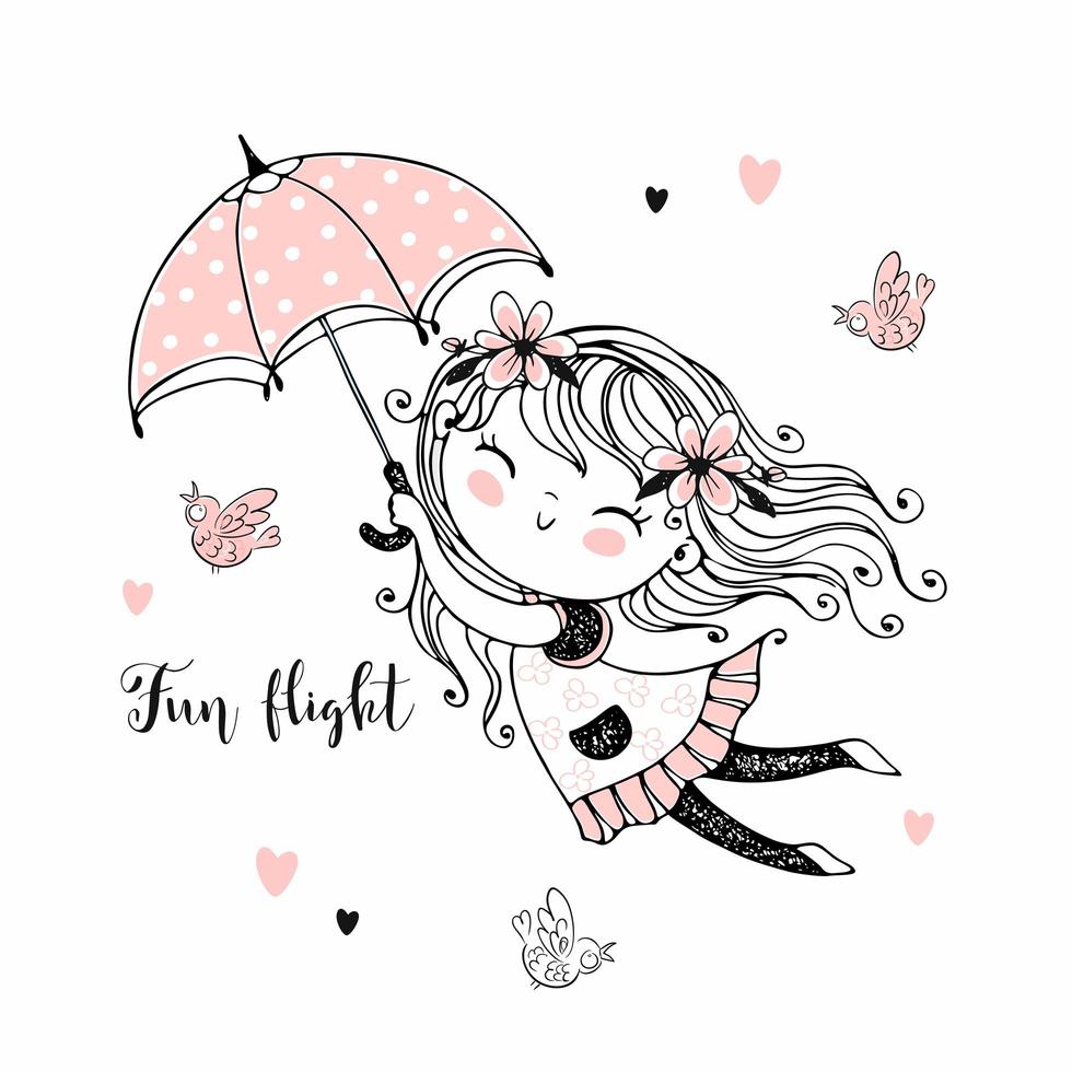 Little cute girl flying on an umbrella. vector